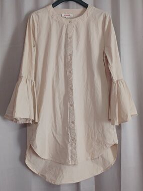 Mazik Cassie Shirt Dress Flared Bell Sleeves Button Front Hi/Low Hem Pockets